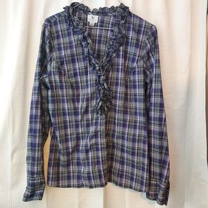 Worthington long sleeve womens purple plaid ruffle front shirt size L